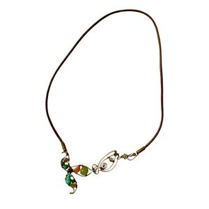 Artisan Mermaid Wire Crystal Necklace Handmade Leather Cord Glass Beads Beachy
